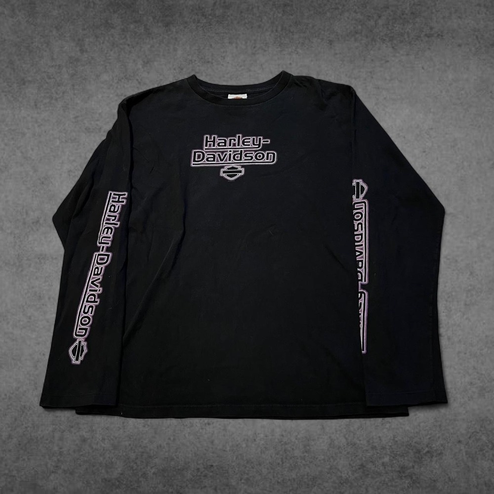 Vintage 2002 Harley Davidson Purple Glow Long Sleeve Shirt Mens Black Y2K L